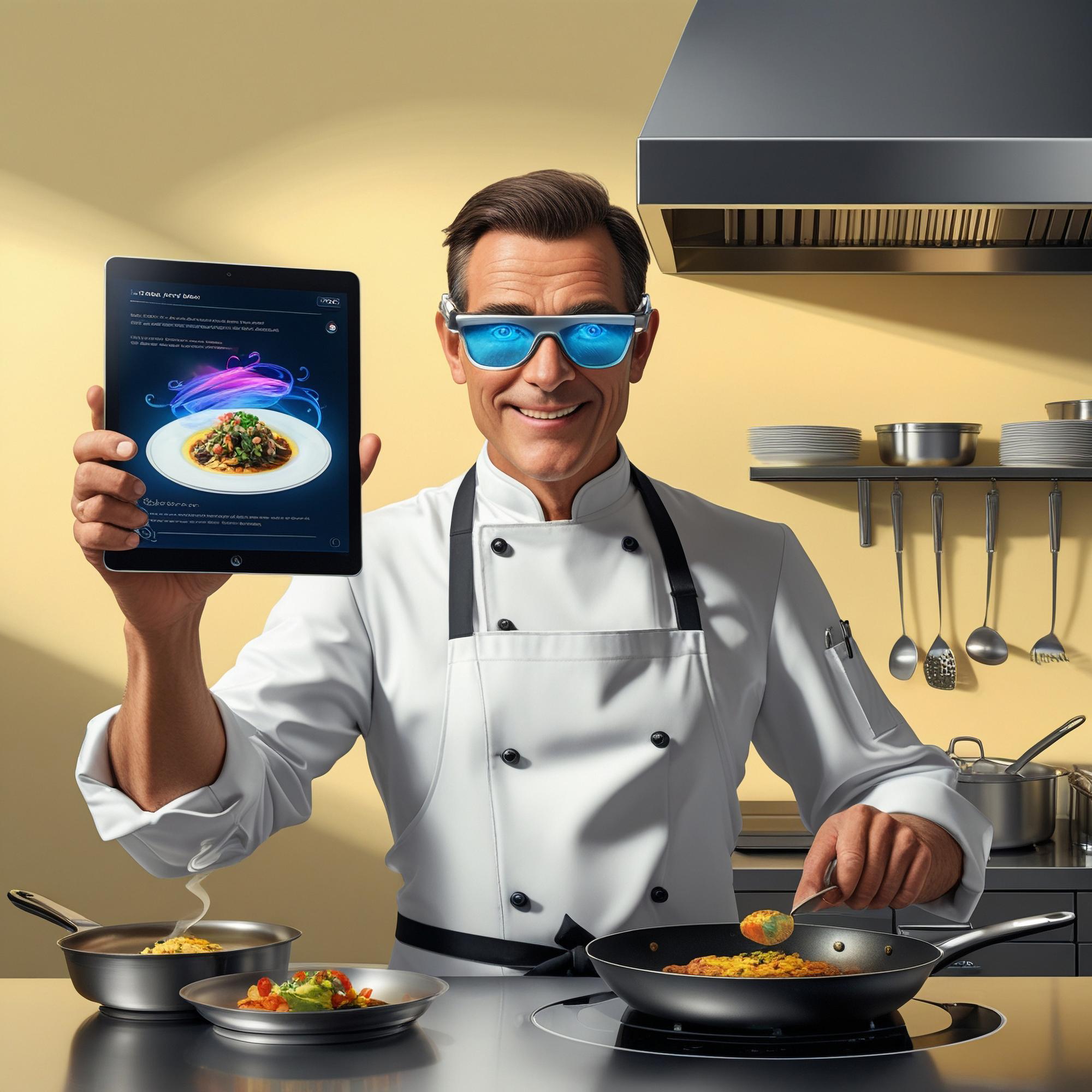 High-tech kitchen station with plated meal and tablet